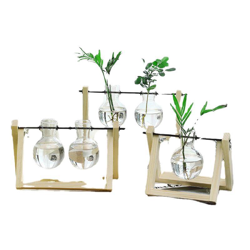 Creative Wooden Frame Desktop Hydroponic Glass Vase To Raise Green Plants Flower Pot Container Decoration Office Living Room Decoration